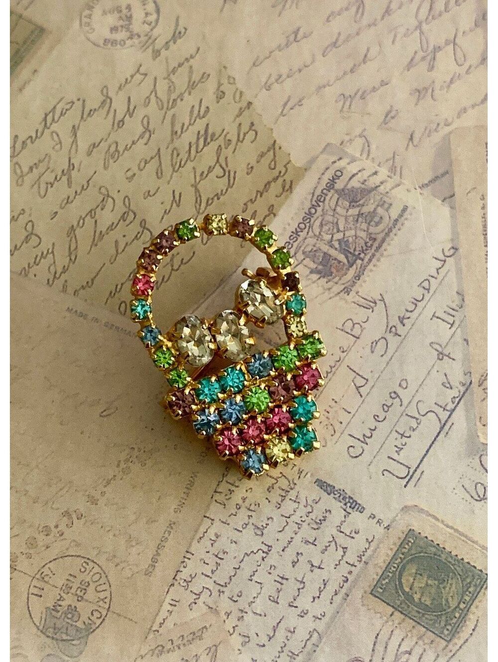 Vintage Easter Basket With Eggs Colorful Rhinestone Basket Brooch Pin Sparkling